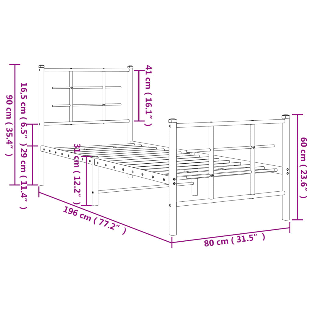 vidaXL Metalni okvir kreveta uzglavlje i podnožje crni 75x190 cm