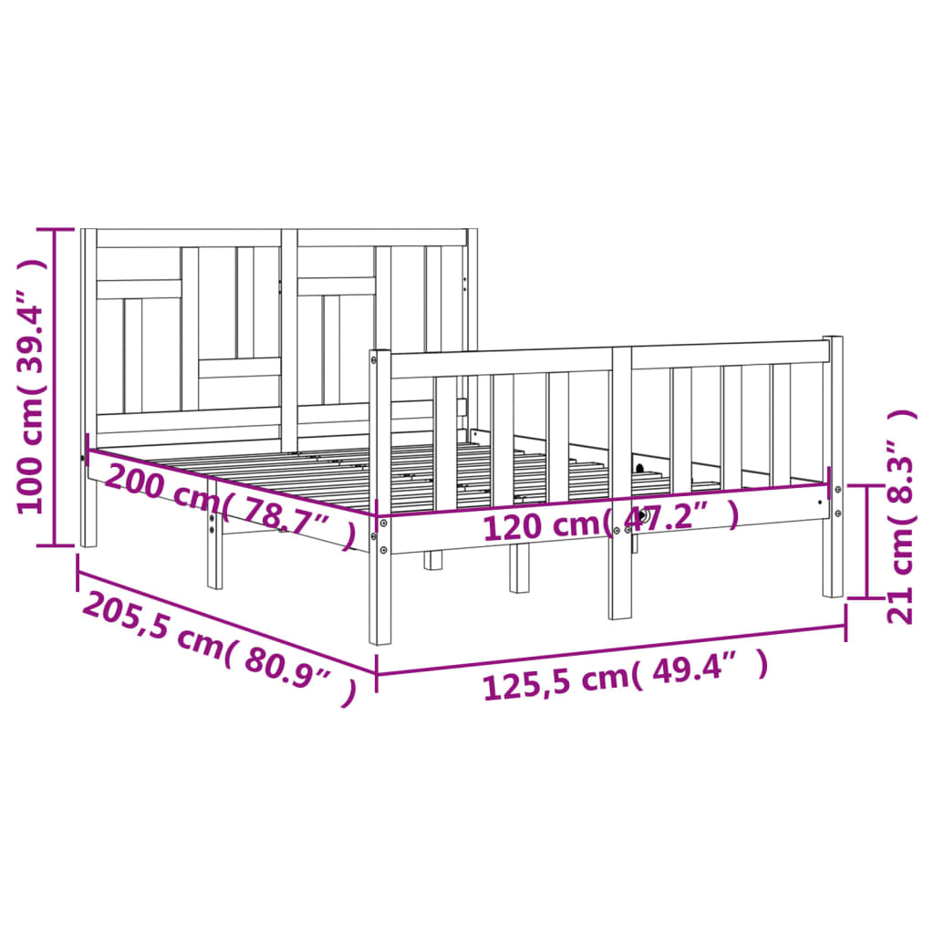 vidaXL Okvir kreveta s uzglavljem bijeli 120 x 200 cm od masivnog drva