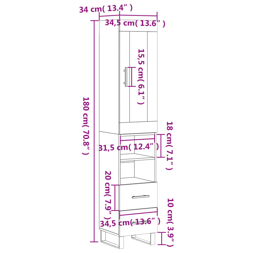 vidaXL Visoka komoda dimljeni hrast 34,5x34x180cm konstruiranog drva