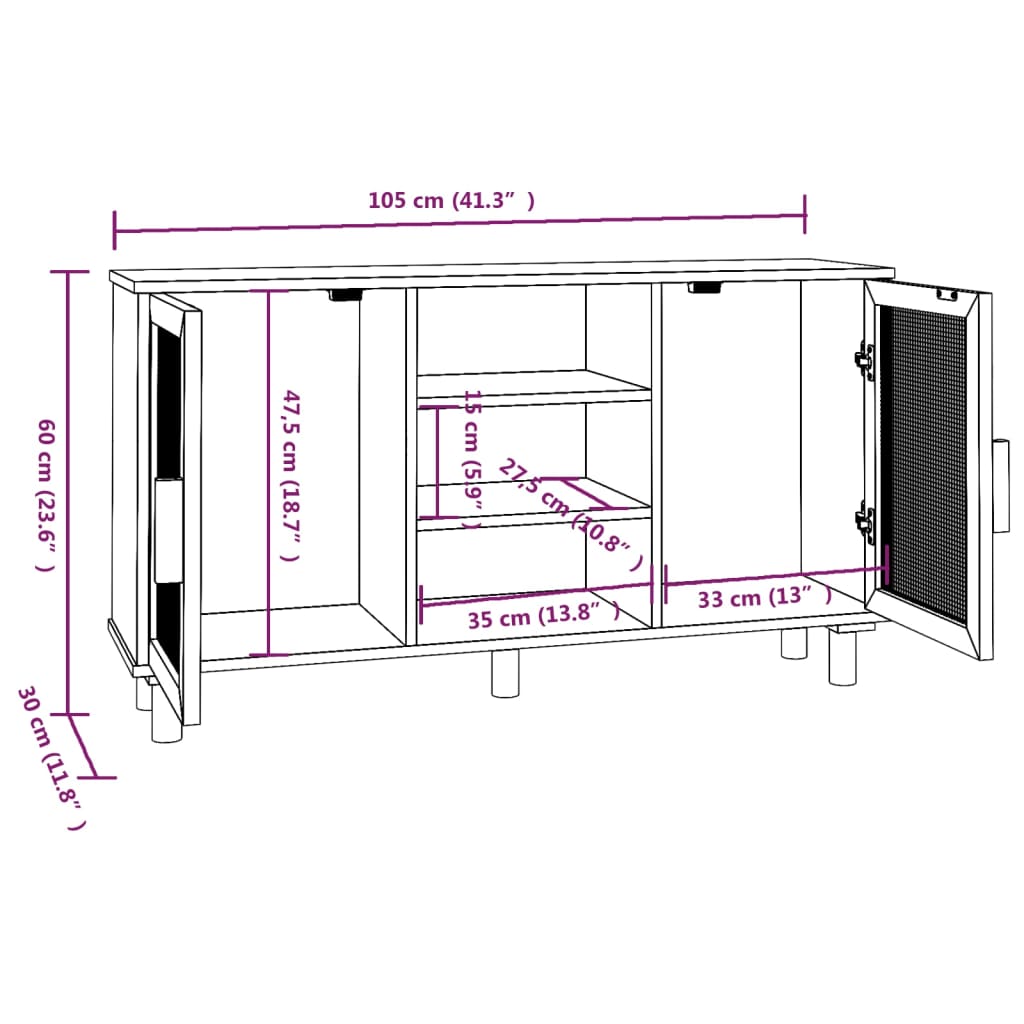 vidaXL Komoda smeđa 105x30x60 cm masivna borovina i prirodni ratan