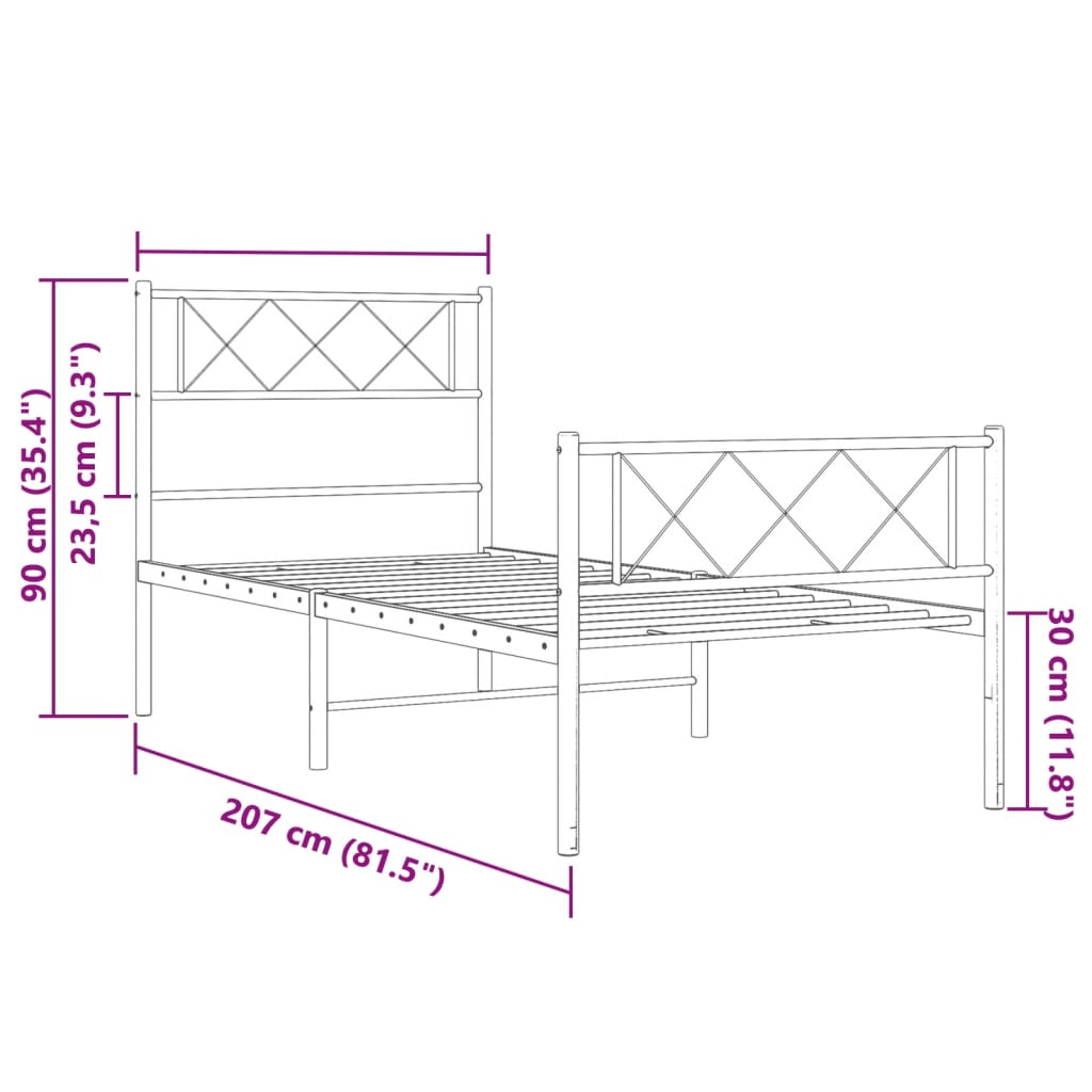 vidaXL Metalni okvir kreveta uzglavlje i podnožje bijeli 100x200 cm