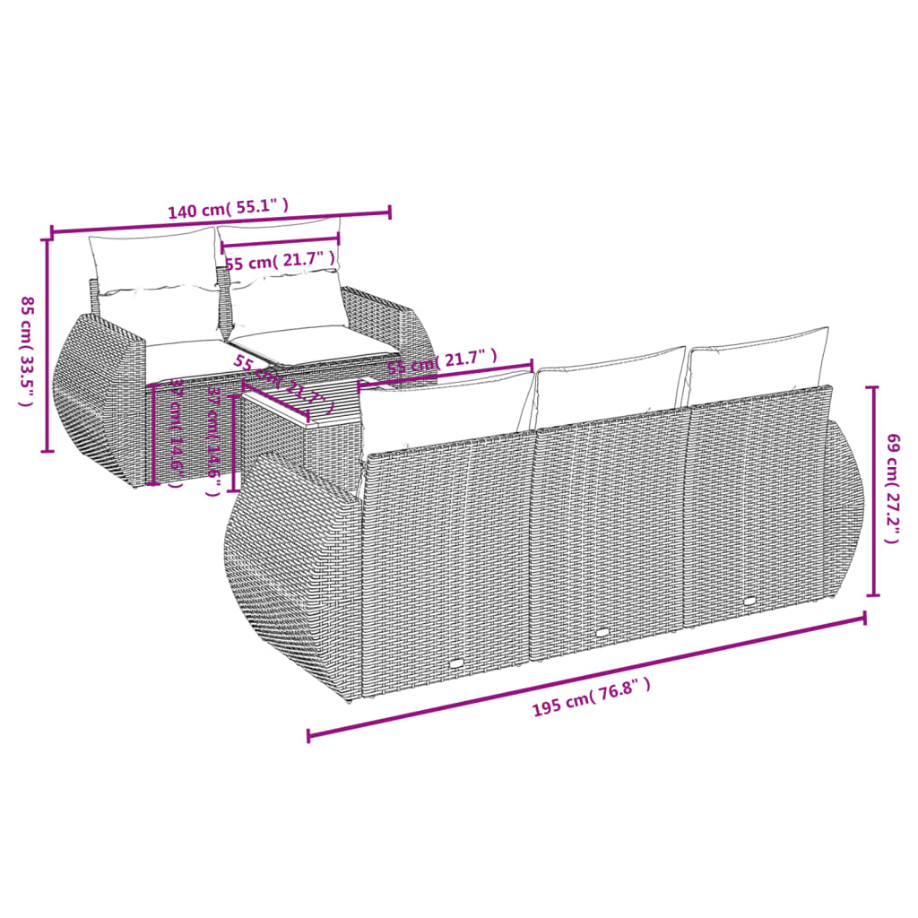 vidaXL 6-dijelni set vrtnih sofa s jastucima crni od poliratana