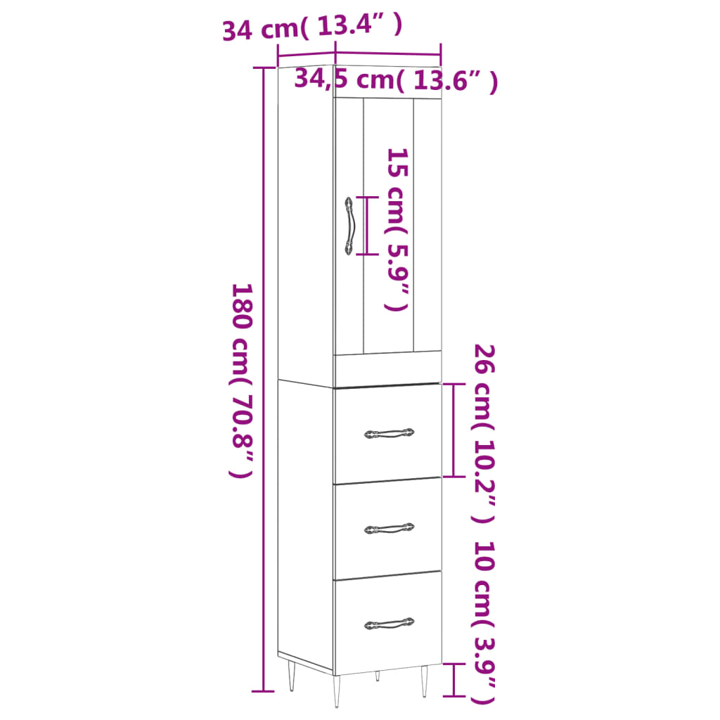 vidaXL Visoka komoda dimljeni hrast 34,5x34x180cm konstruiranog drva