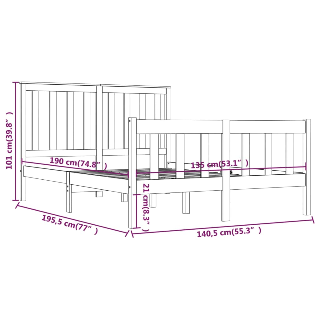 vidaXL Okvir za krevet masivna borovina bijeli 135x190 cm bračni