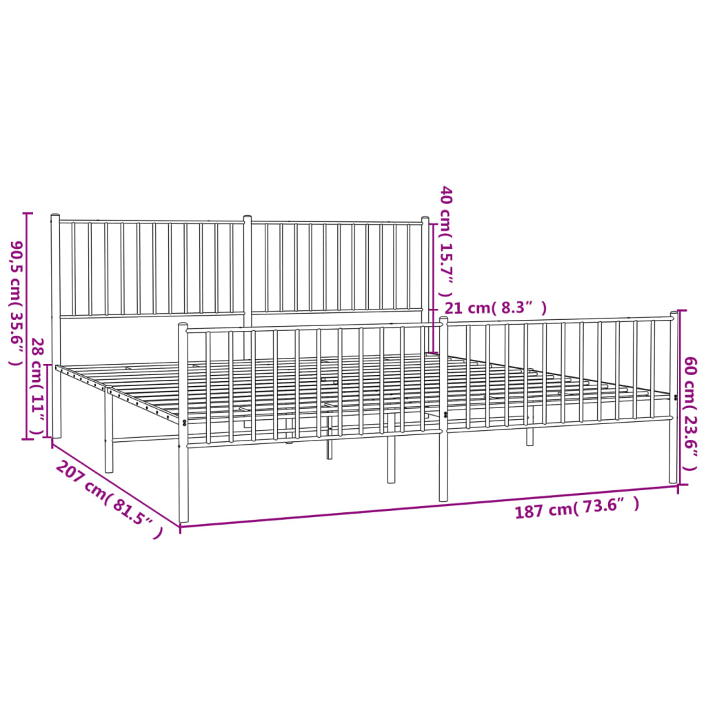 vidaXL Metalni okvir kreveta uzglavlje i podnožje crni 180x200 cm