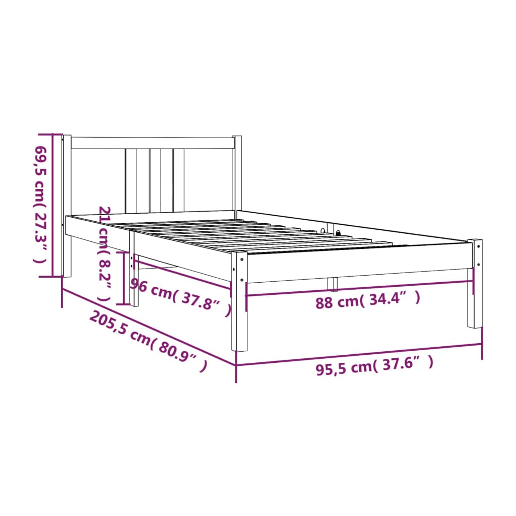 vidaXL Okvir za krevet od masivnog drva sivi 90 x 200 cm