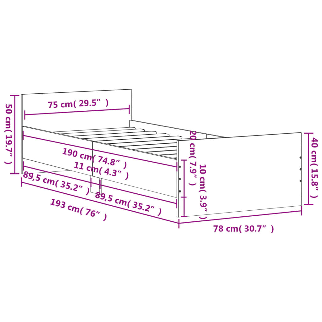 vidaXL Okvir kreveta boja hrasta 75x190 cm mali od konstruiranog drva