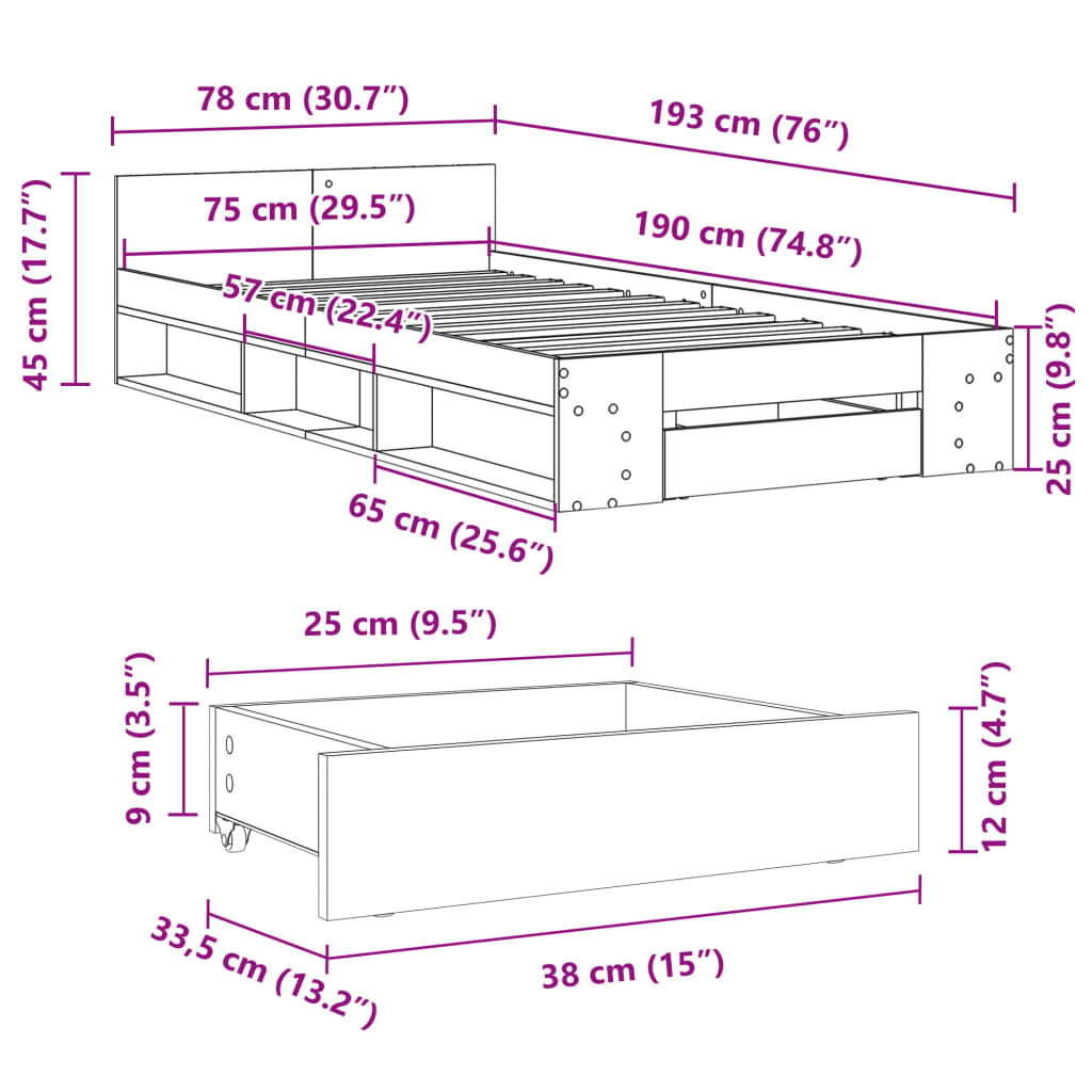 vidaXL Okvir kreveta s ladicom oja smeđeg hrasta 75x190 cm drveni