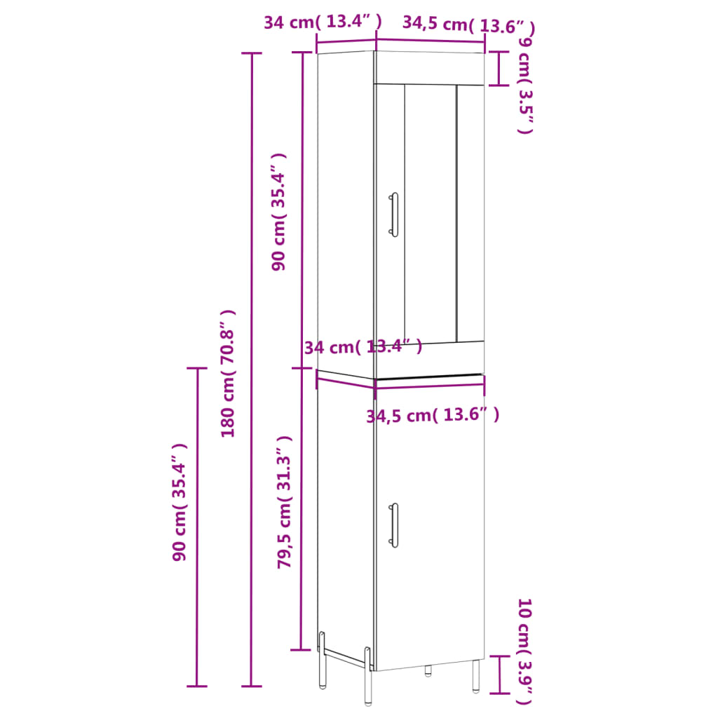 vidaXL Visoka komoda siva betona 34,5x34x180 cm od konstruiranog drva