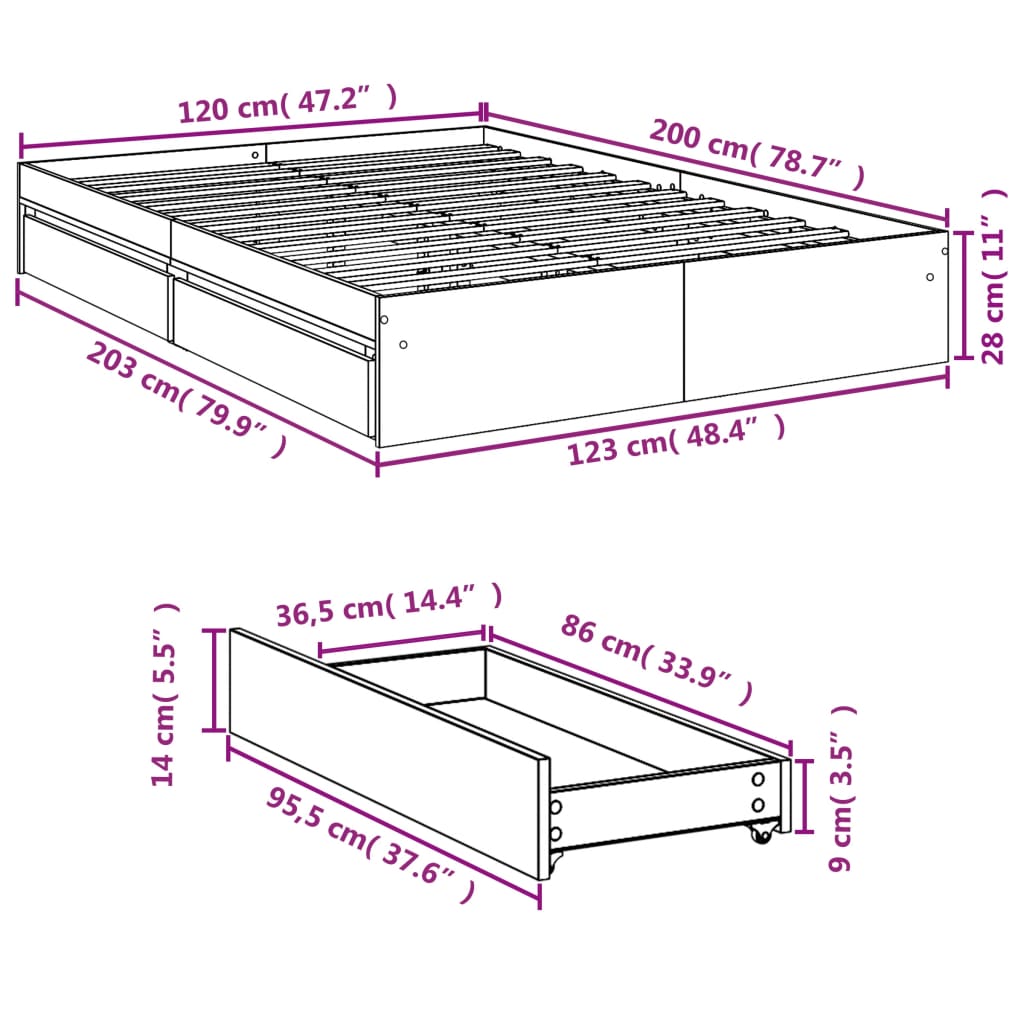 vidaXL Okvir za krevet s ladicama boja hrasta 120x200 cm drveni