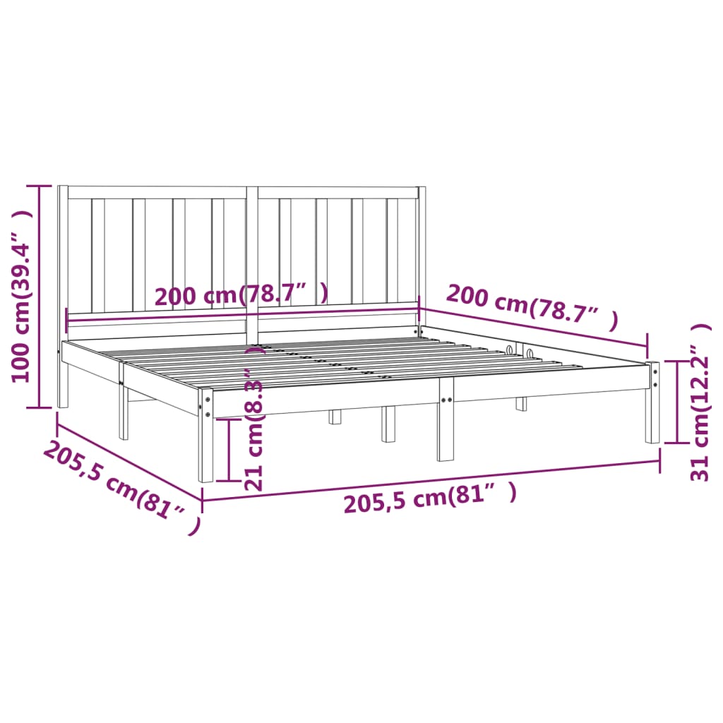 vidaXL Okvir za krevet od masivne borovine crni 200 x 200 cm