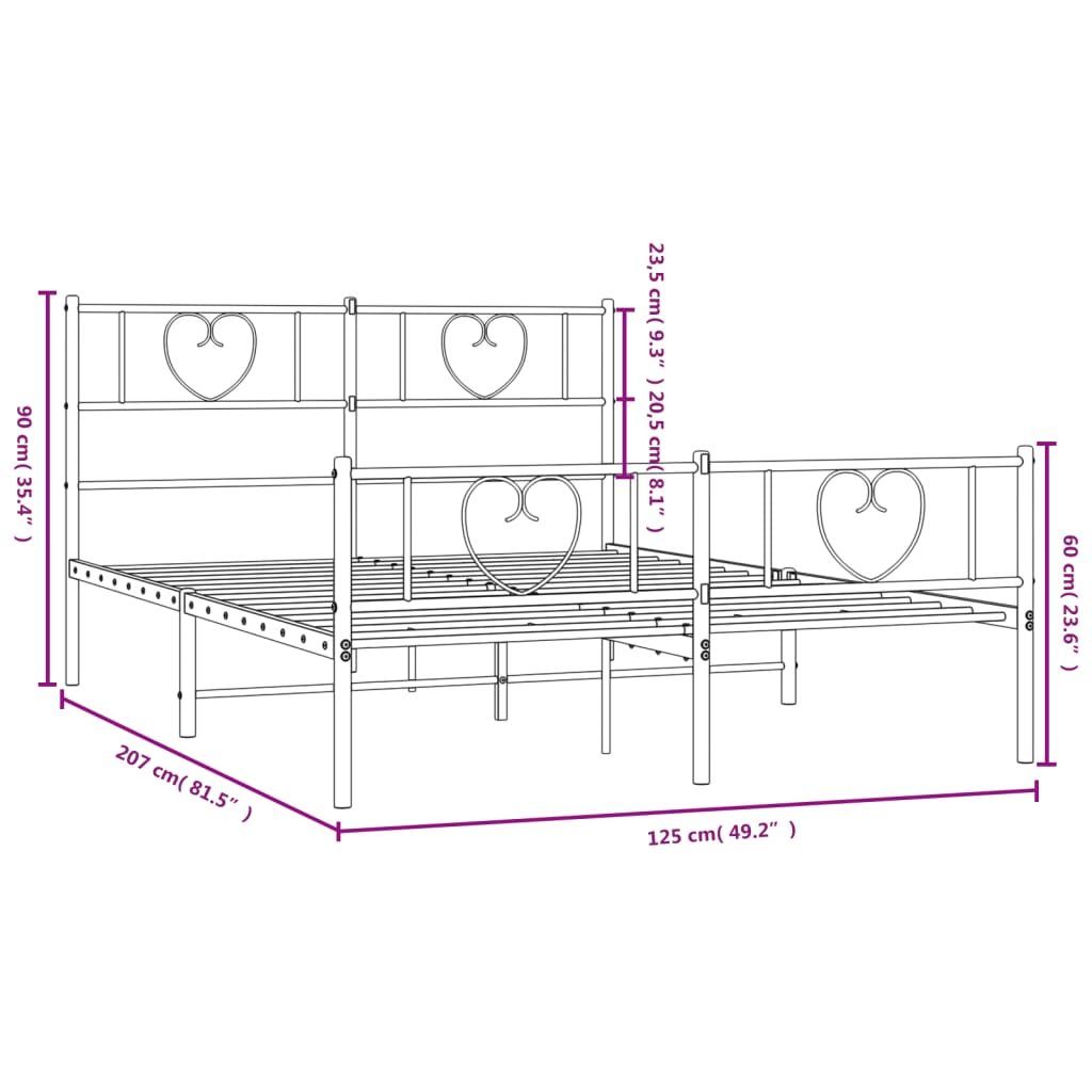 vidaXL Metalni okvir kreveta uzglavlje i podnožje crni 120x200 cm