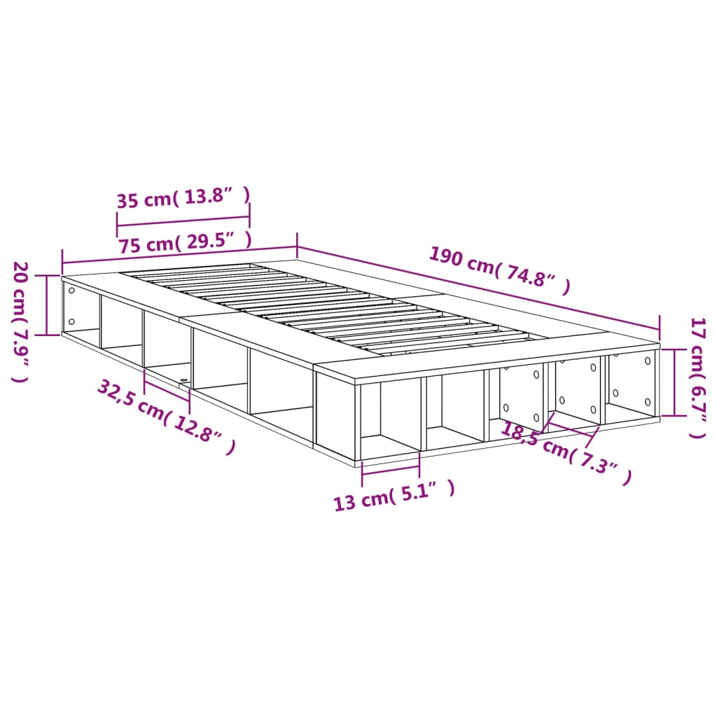 vidaXL Okvir za krevet crni 75 x 190 cm od konstruiranog drva