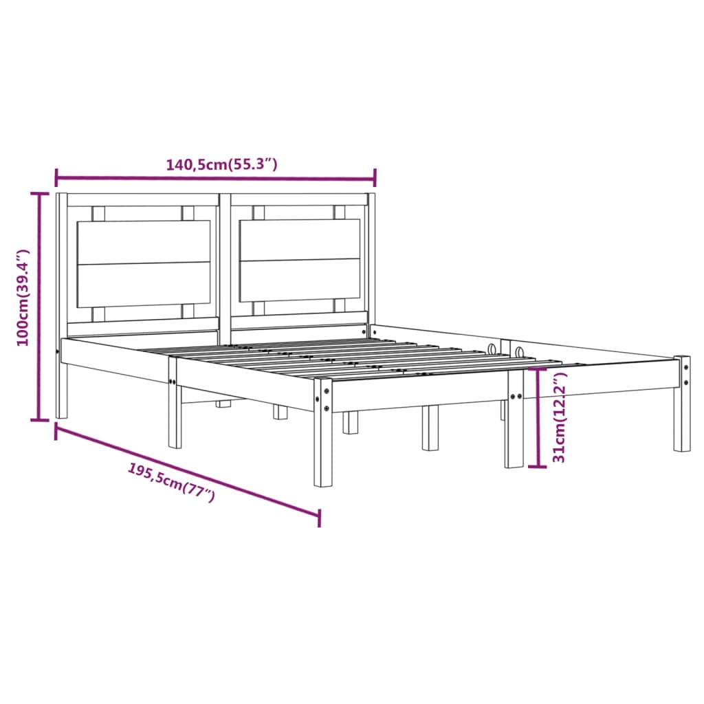 vidaXL Okvir za krevet od masivnog drva bijeli 135x190 cm bračni