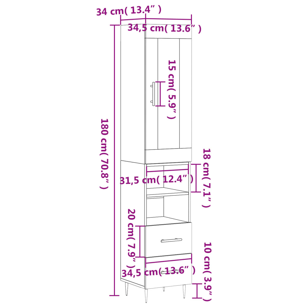 vidaXL Visoka komoda siva betona 34,5x34x180 cm od konstruiranog drva