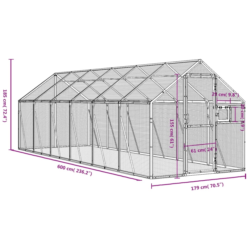 vidaXL Kavez za ptice srebrni 1,79x6x1,85 m aluminijski