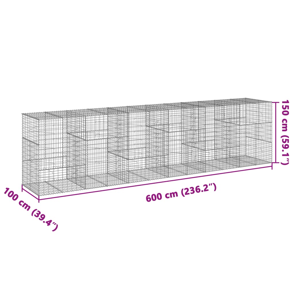 vidaXL Gabionska košara s poklopcem 600x100x150 cm pocinčano željezo