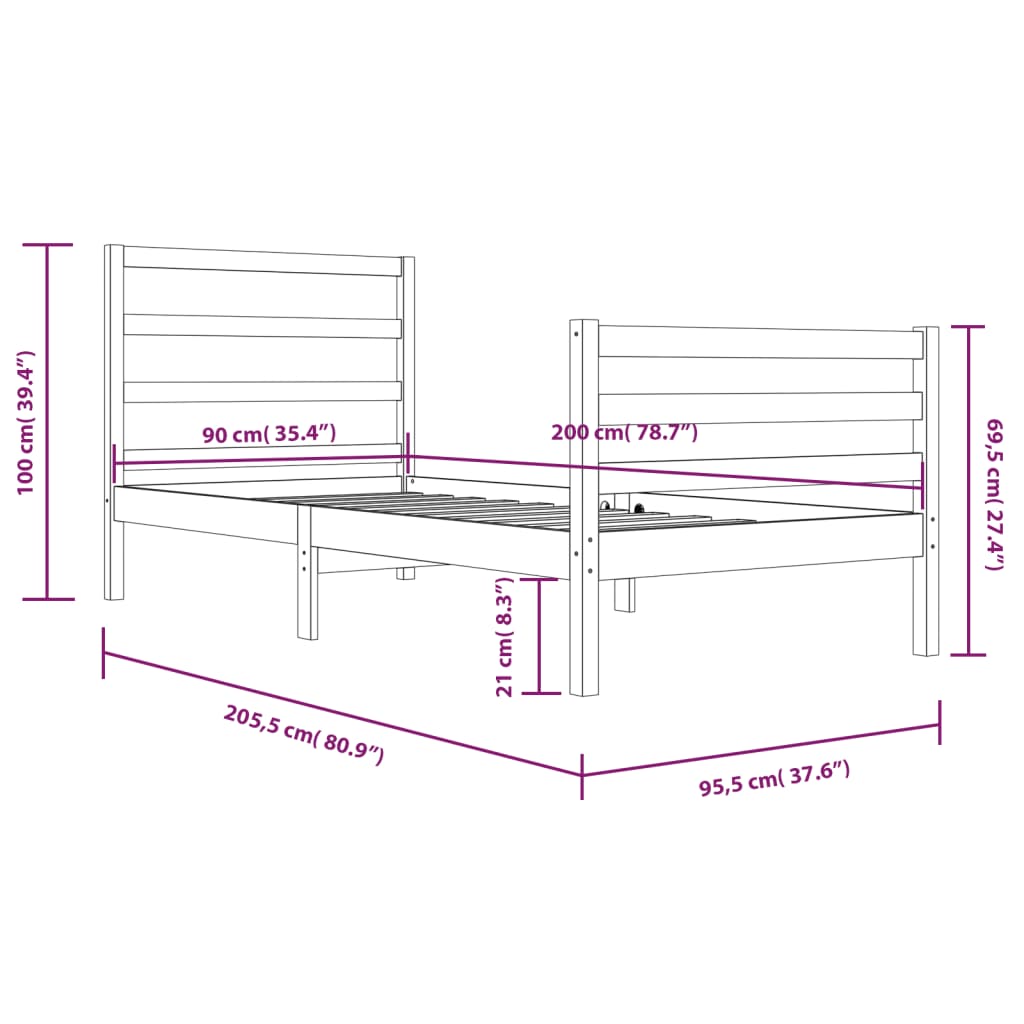 vidaXL Okvir za krevet od masivne borovine smeđa boja meda 90 x 200 cm