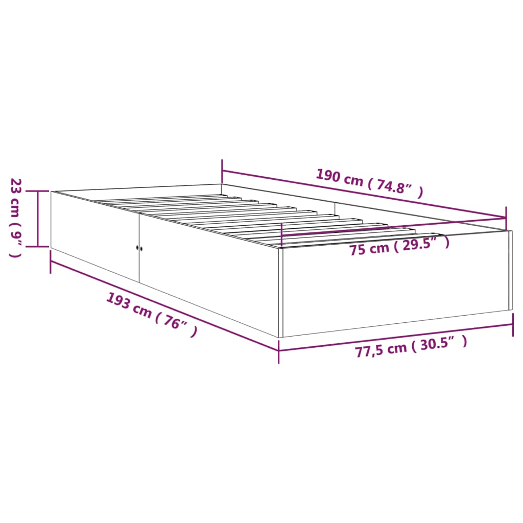 vidaXL Okvir za krevet sivi masivno drvo 75x190 cm 2FT6 jednokrevetni