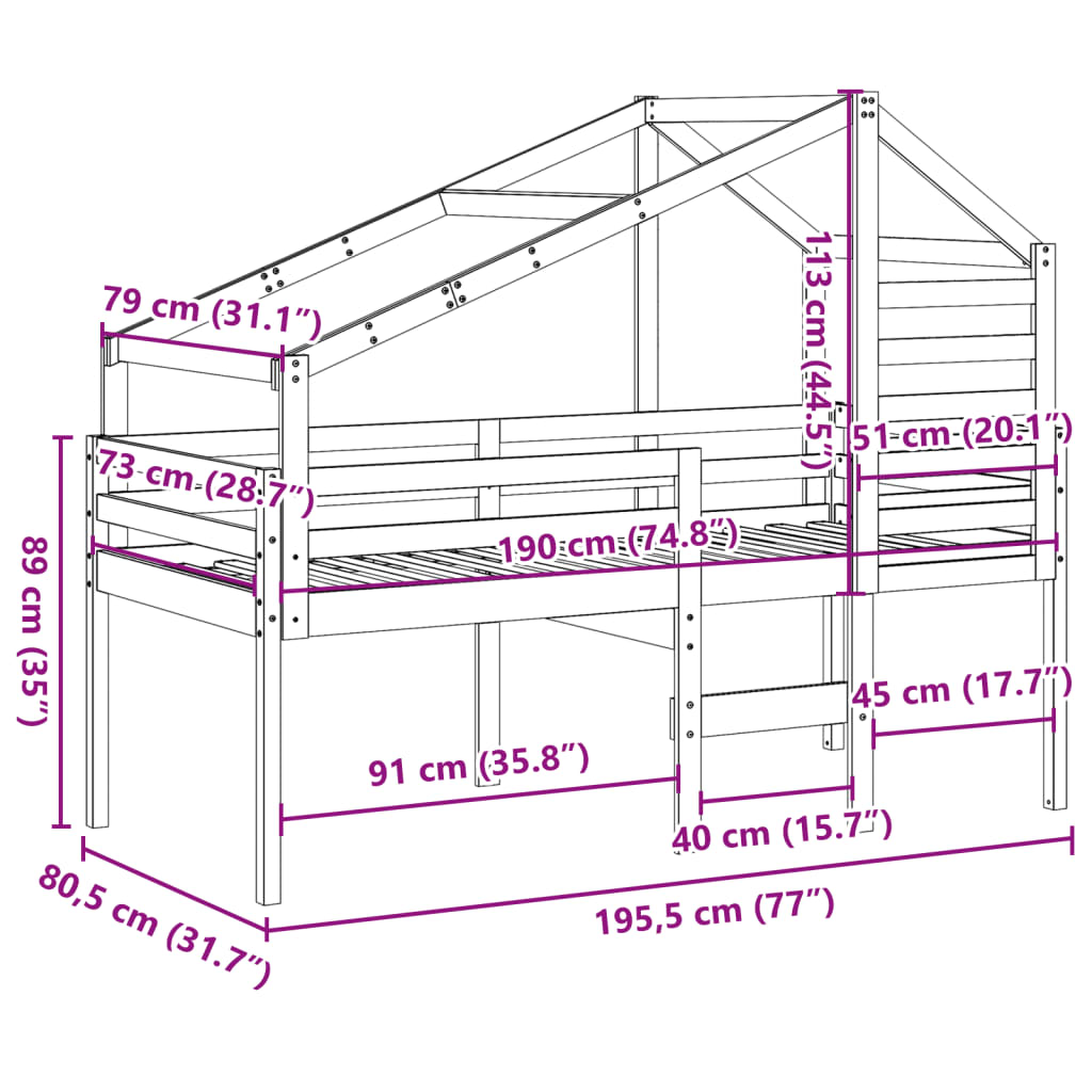 vidaXL Visoki krevet s krovom bijeli 75 x 190 cm od masivne borovine