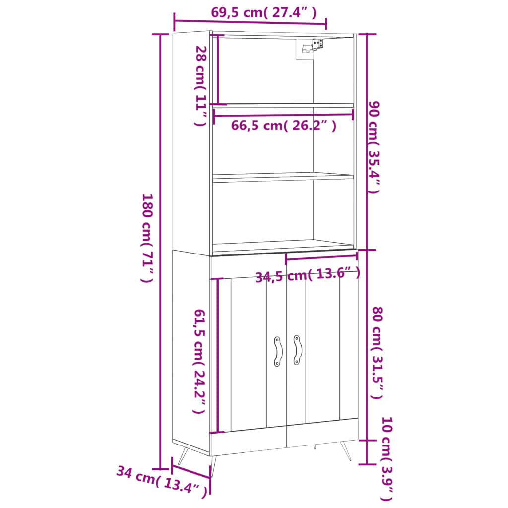 vidaXL Visoka komoda dimljeni hrast 69,5x34x180 cm konstruiranog drva