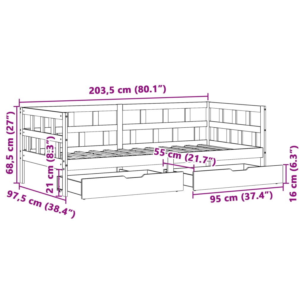 vidaXL Dnevni krevet s ladicama bez madraca 90x200 cm masivno drvo