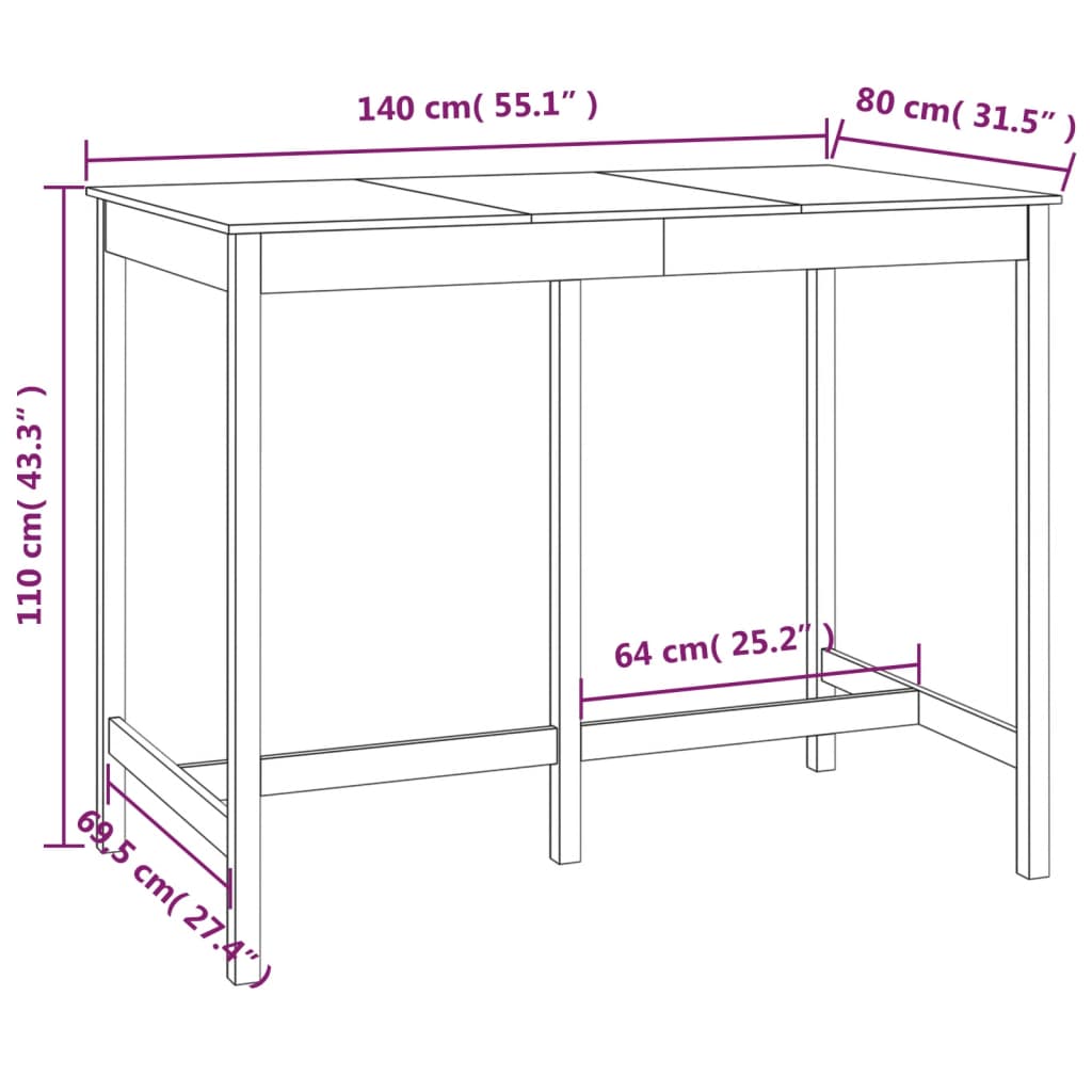 vidaXL Barski stol 140 x 80 x 110 cm od masivne borovine