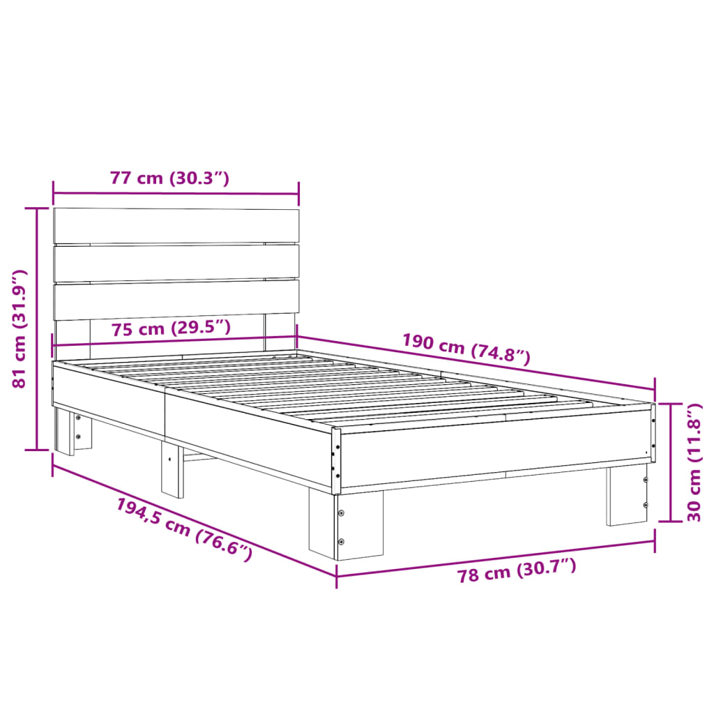 vidaXL Okvir za krevet crni 75 x 190 cm od konstruiranog drvo i metal