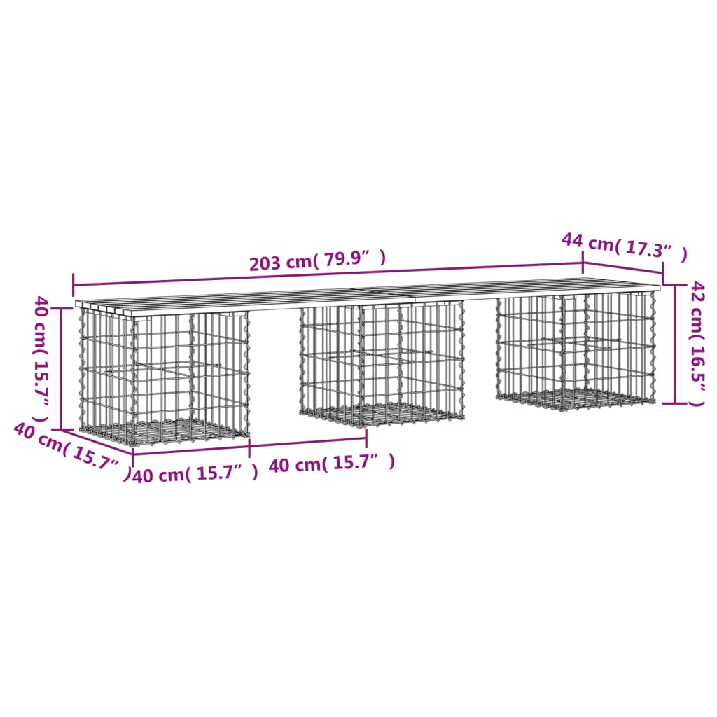 vidaXL Vrtna klupa s gabionskim dizajnom 203x44x42 cm masivna borovina