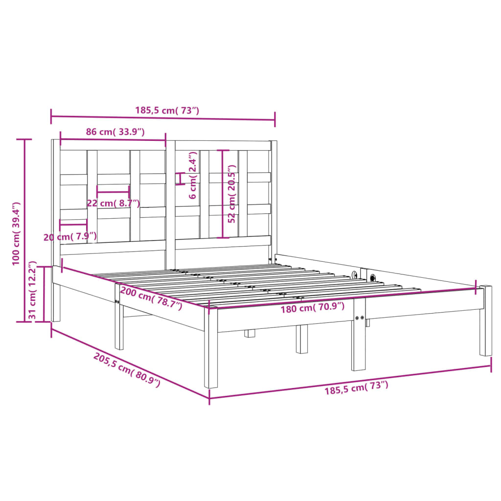 vidaXL Okvir za krevet od masivnog drva bijeli 180 x 200 cm 6FT veliki