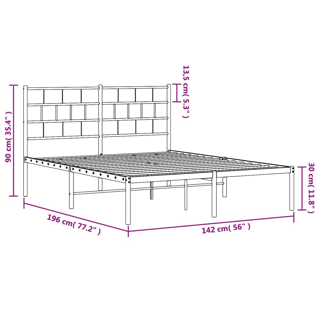 vidaXL Metalni okvir za krevet s uzglavljem crni 135x190 cm