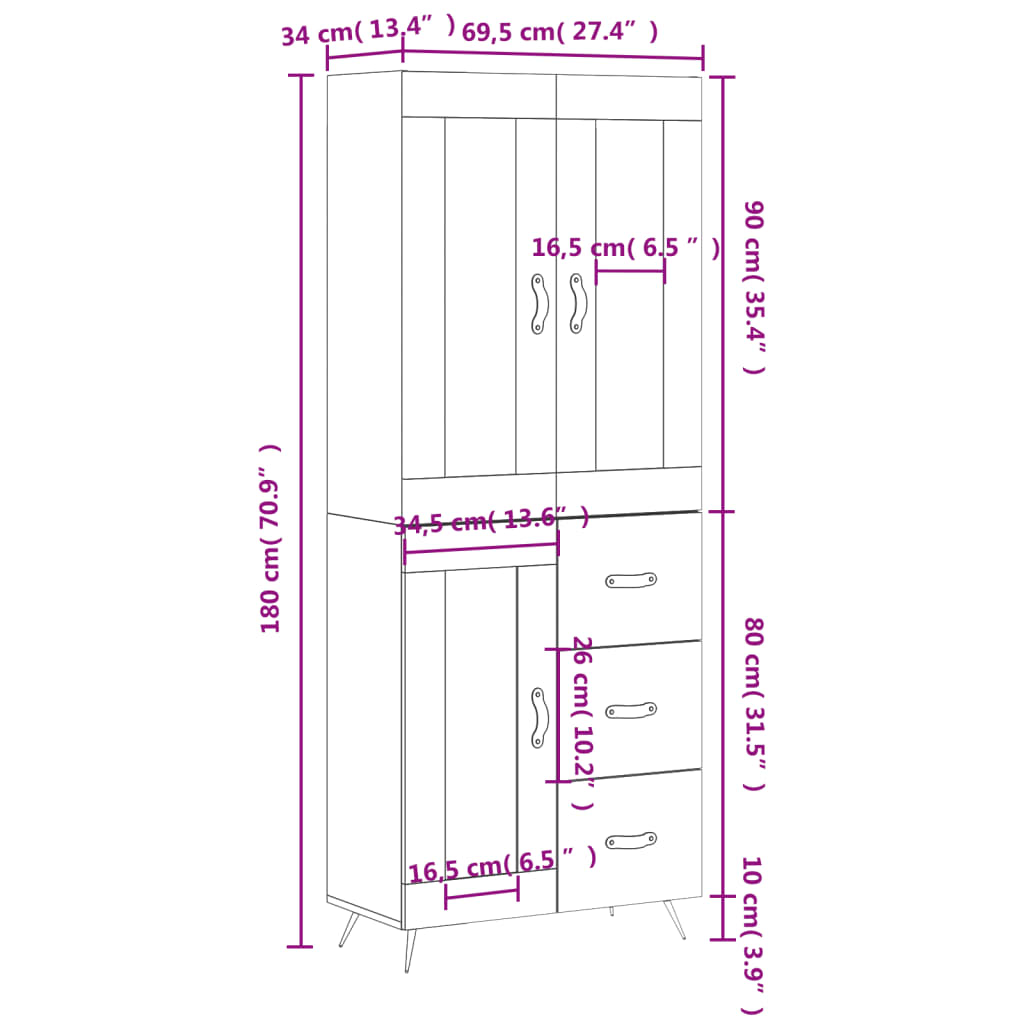 vidaXL Visoka komoda boja hrasta 69,5x34x180 cm od konstruiranog drva