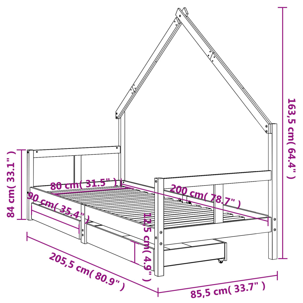 vidaXL Okvir dječjeg kreveta s ladicama crni 80 x 200 cm od borovine