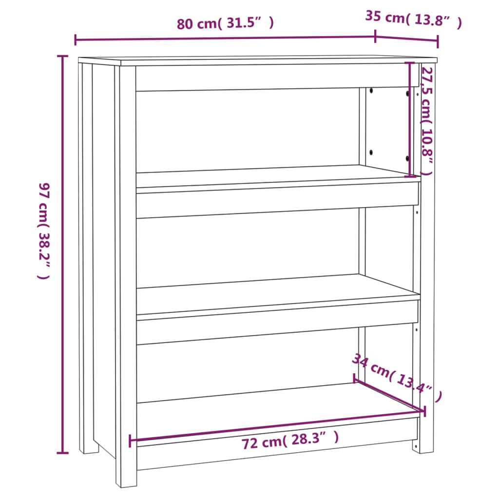 vidaXL Ormarić za knjige 80 x 35 x 97 cm od masivne borovine