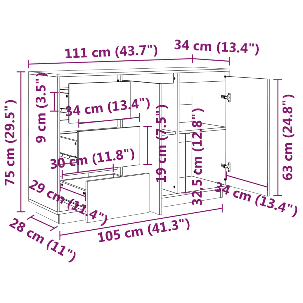 vidaXL Komoda bijela 111 x 34 x 75 cm od masivne borovine