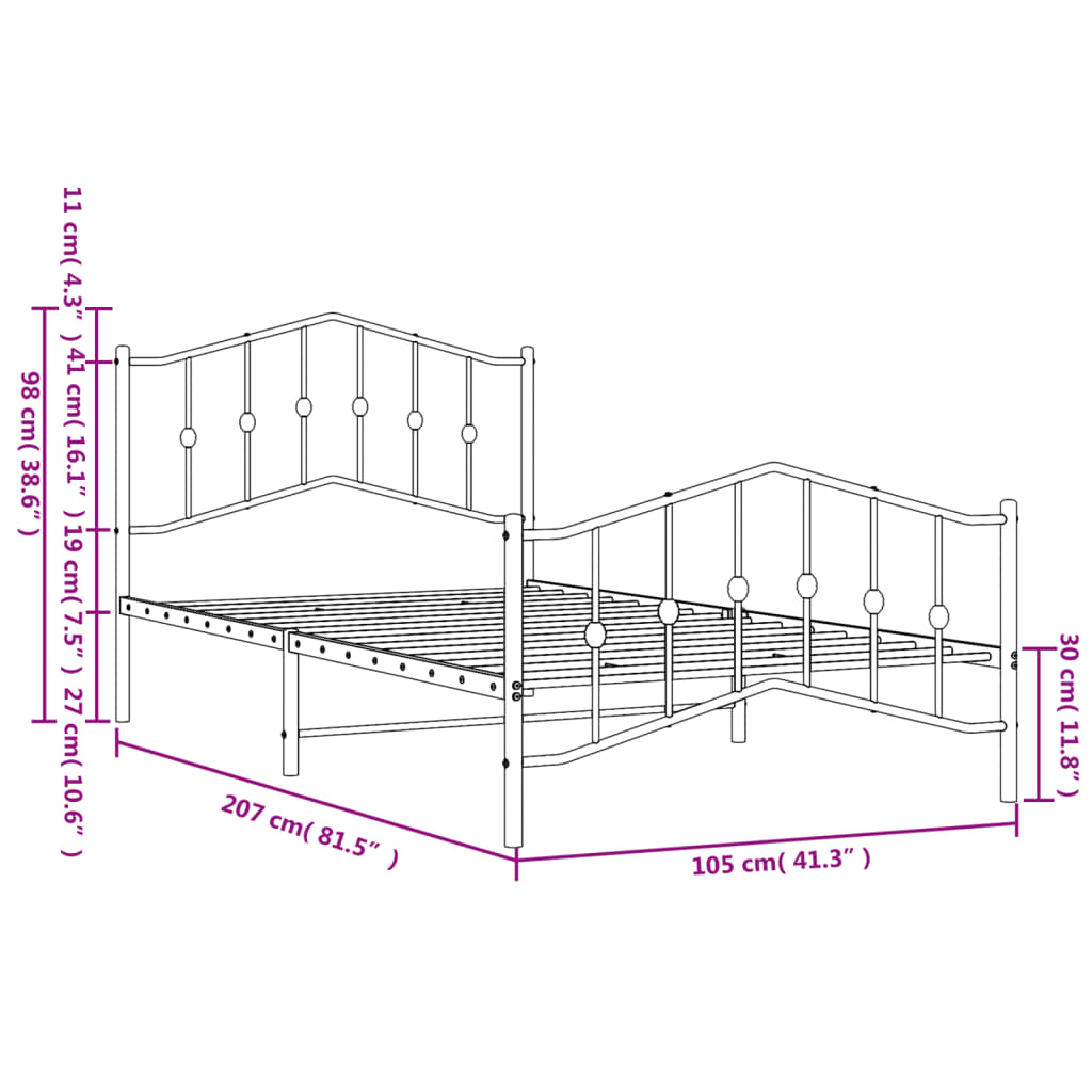 vidaXL Metalni okvir kreveta s uzglavljem i podnožjem crni 100x200 cm