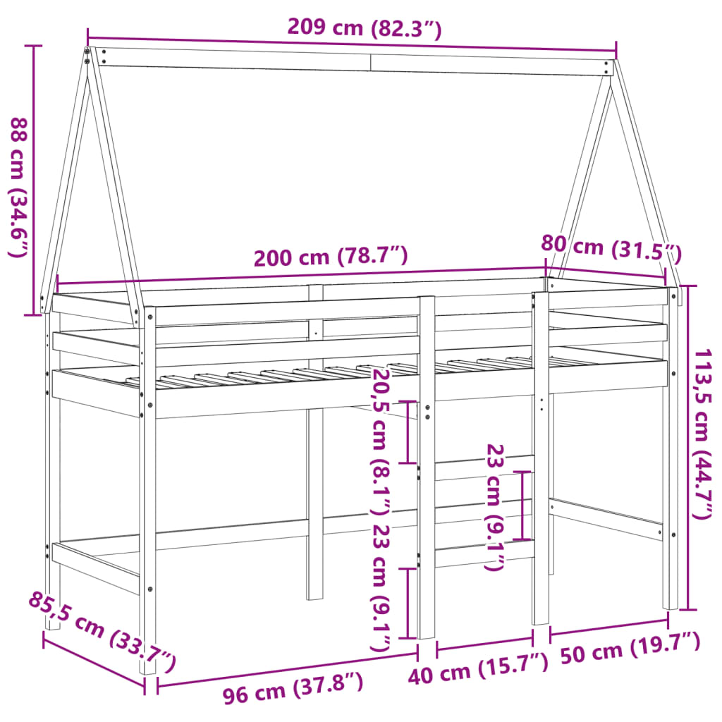 vidaXL Krevet na kat s ljestvama i krovom bijeli 80x200 cm od borovine