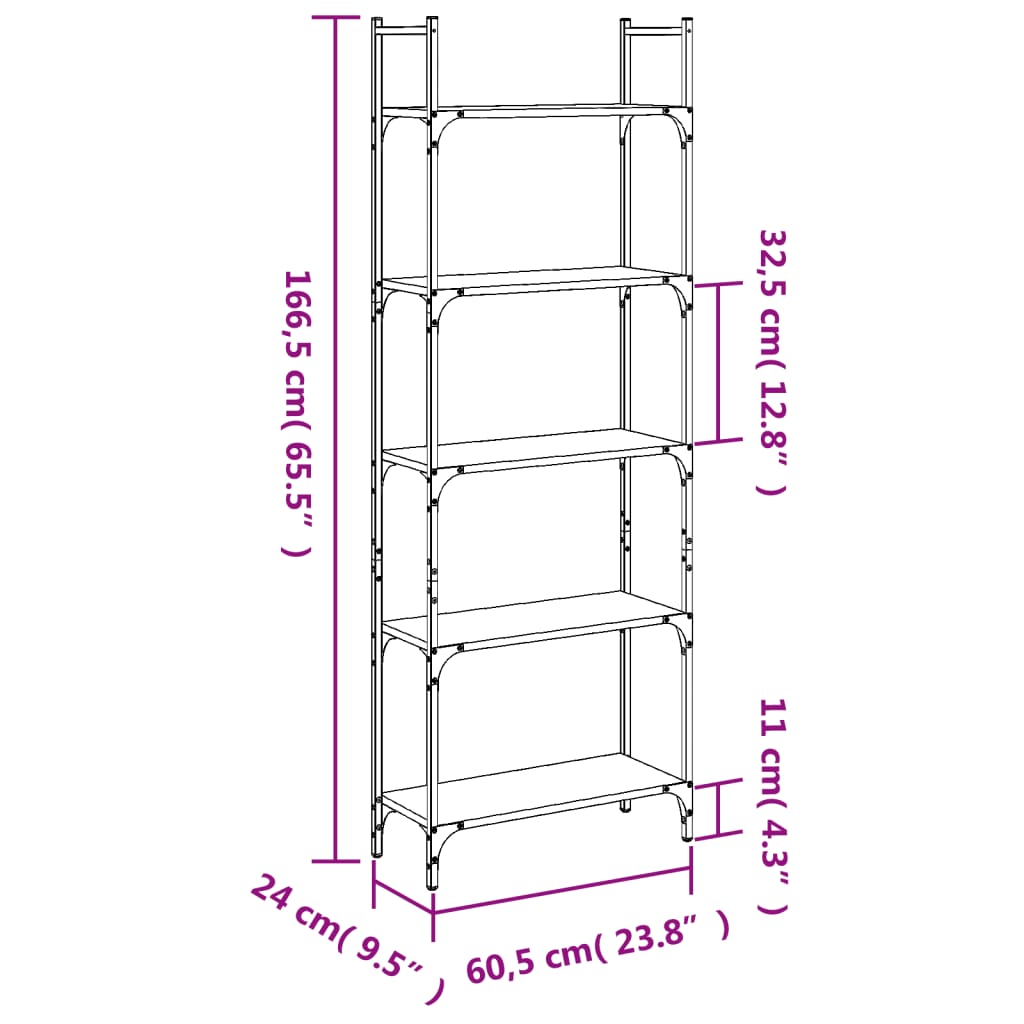 vidaXL Police za knjige s 5 razina boja hrasta 60,5x24x166,5 cm drvene