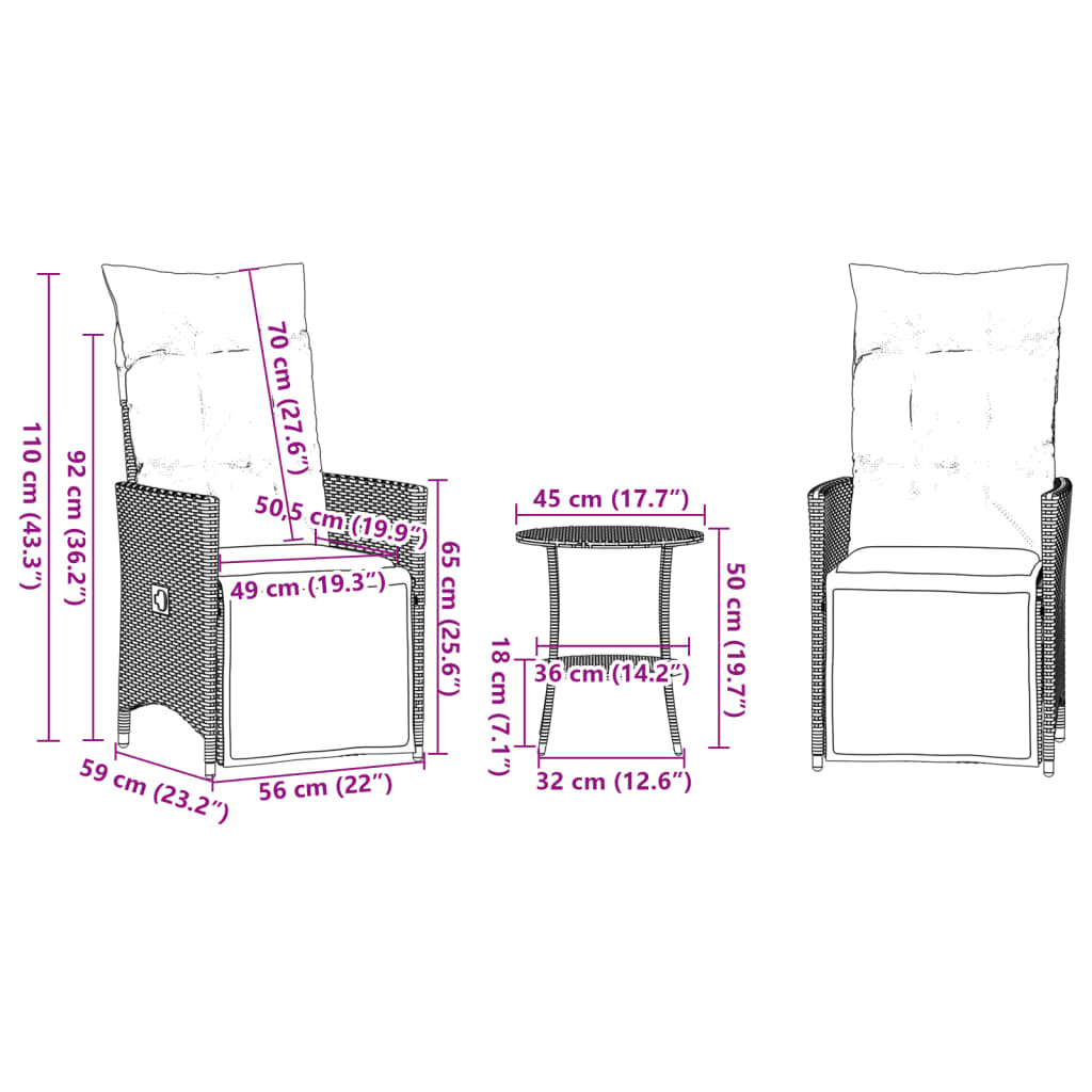 vidaXL 3-dijelni bistro set s jastucima crni od poliratana