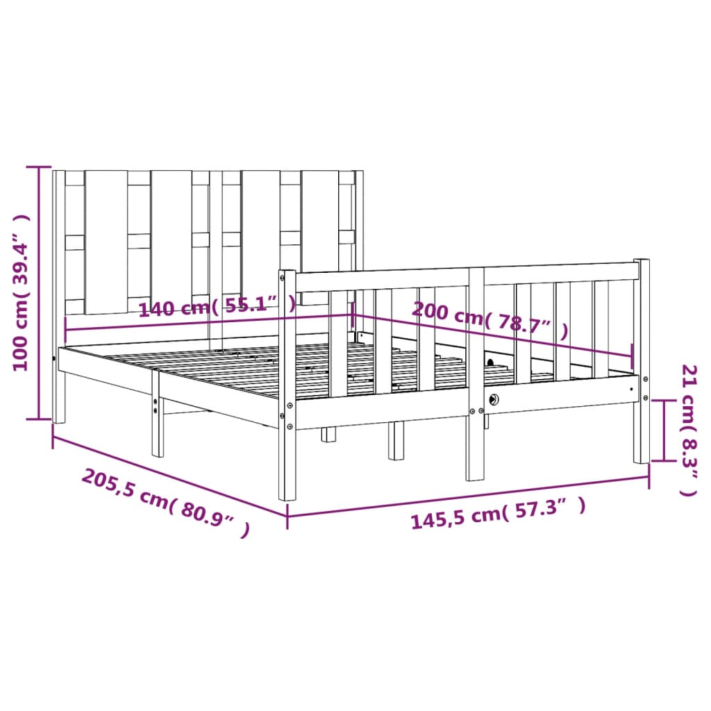 vidaXL Okvir za krevet s uzglavljem bijeli 140x200 cm od masivnog drva