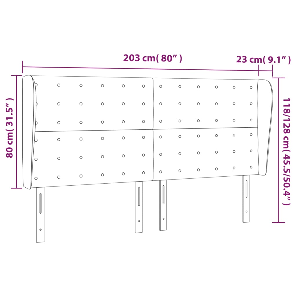 vidaXL Uzglavlje s ušima tamnosivo 203x23x118/128 cm baršunasto