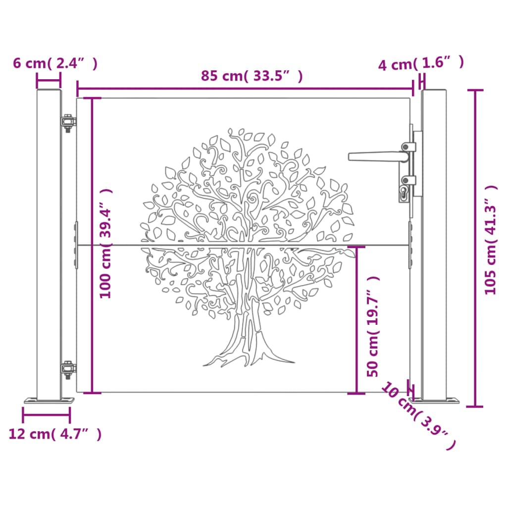 vidaXL Vrtna vrata 105 x 105 cm od čelika COR-TEN s uzorkom stabla