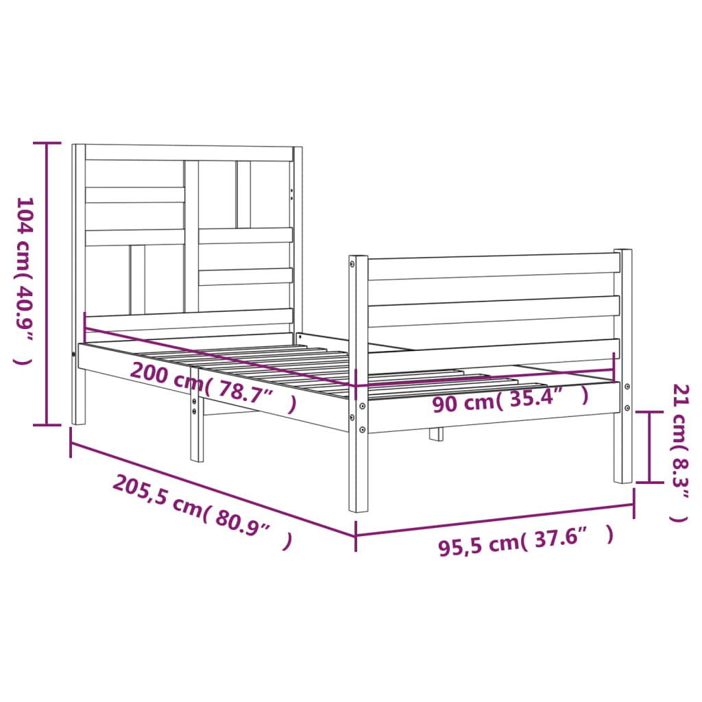 vidaXL Okvir kreveta s uzglavljem 90 x 200 cm od masivnog drva