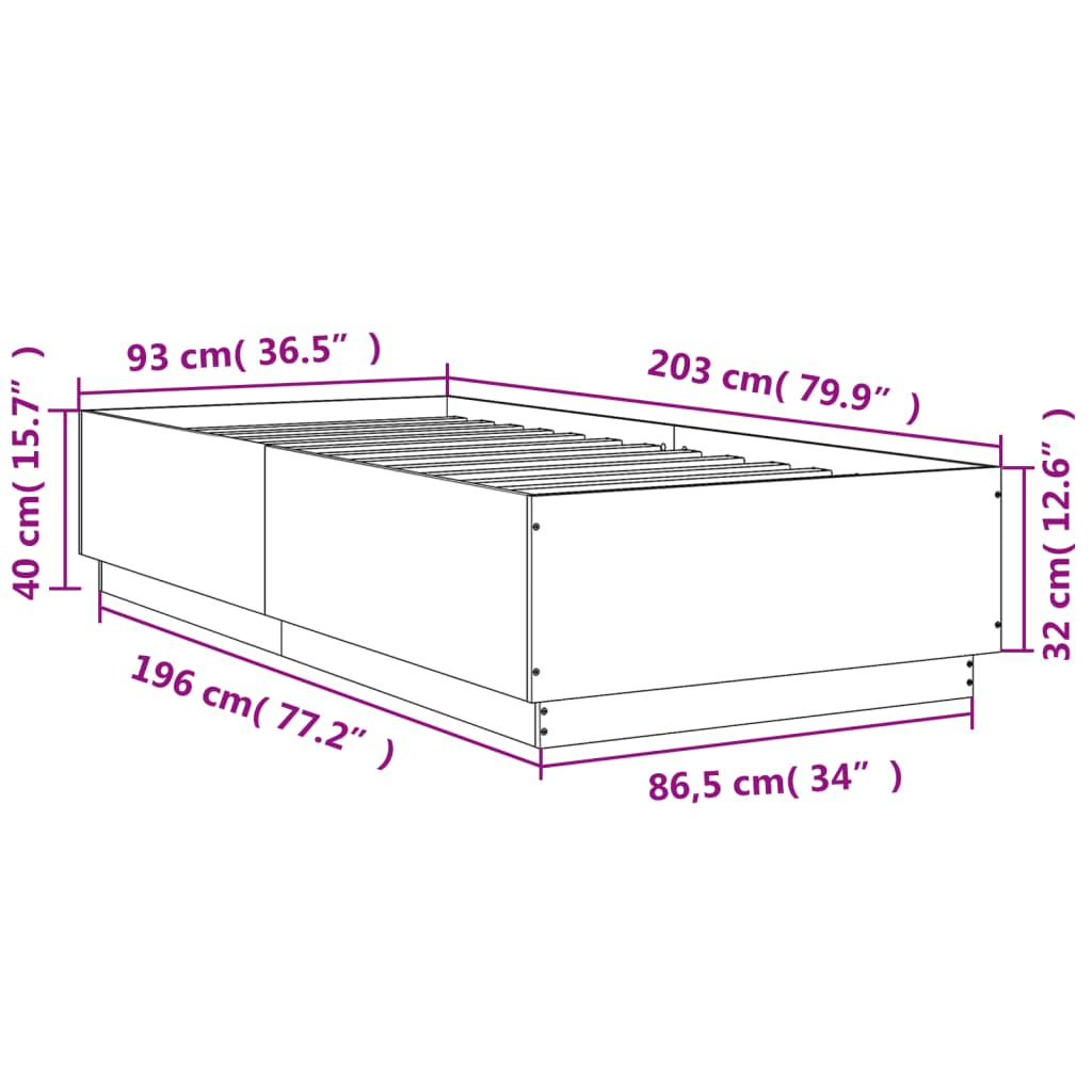 vidaXL Okvir kreveta s LED svjetlima boja betona 90 x 200 cm drveni