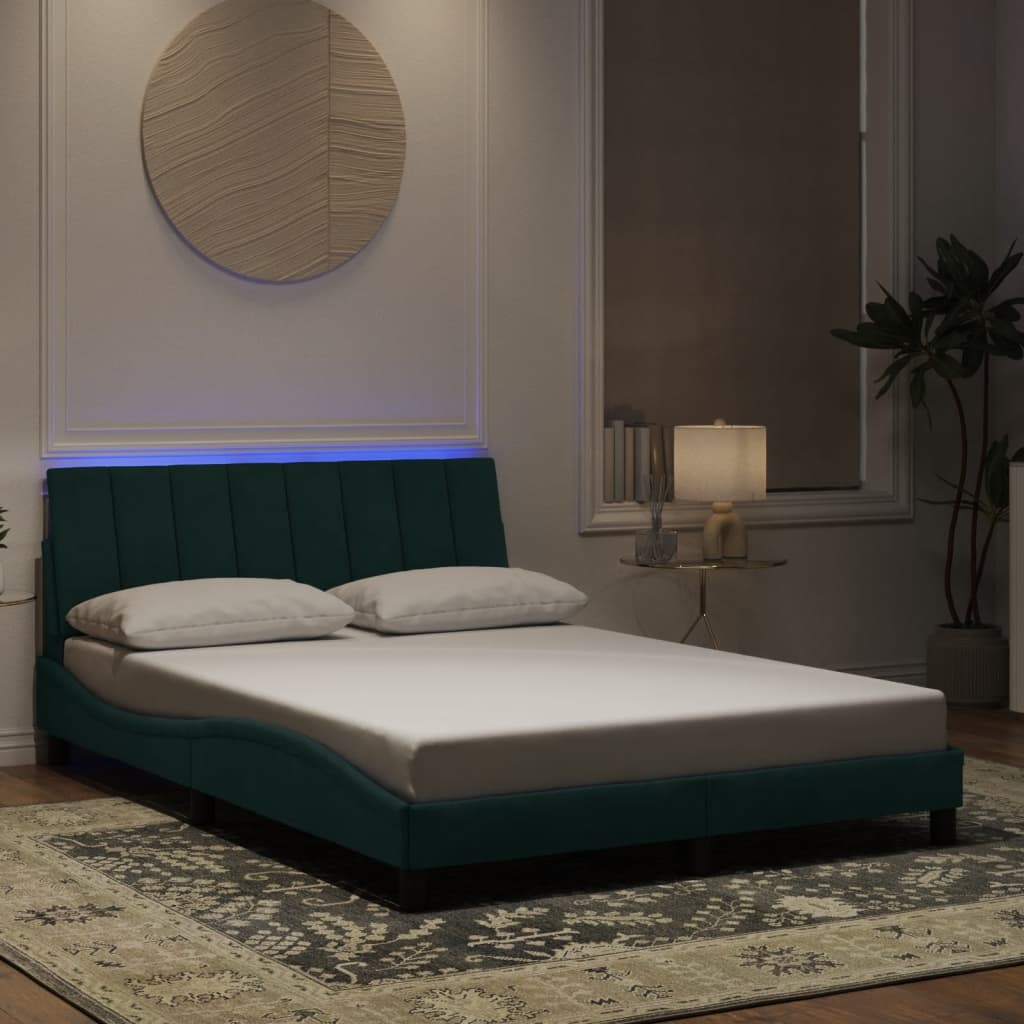 vidaXL Okvir kreveta s LED svjetlima tamnozeleni 140x190 cm baršunasti