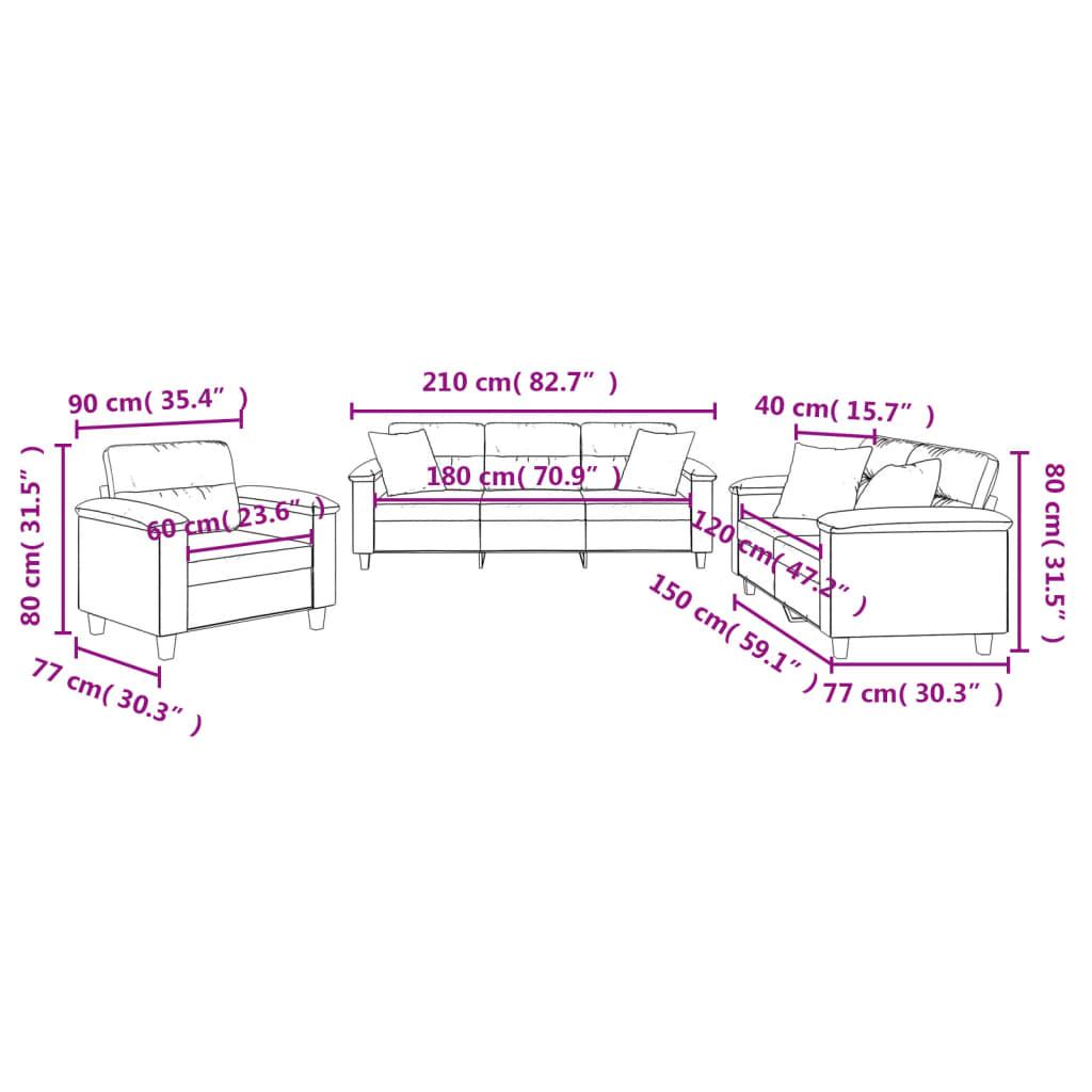 vidaXL 3-dijelni set sofa s jastucima smeđesivi od mikrovlakana