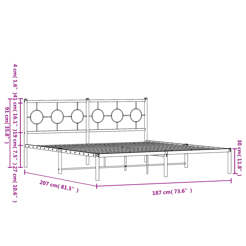 vidaXL Metalni okvir za krevet s uzglavljem crni 180x200 cm