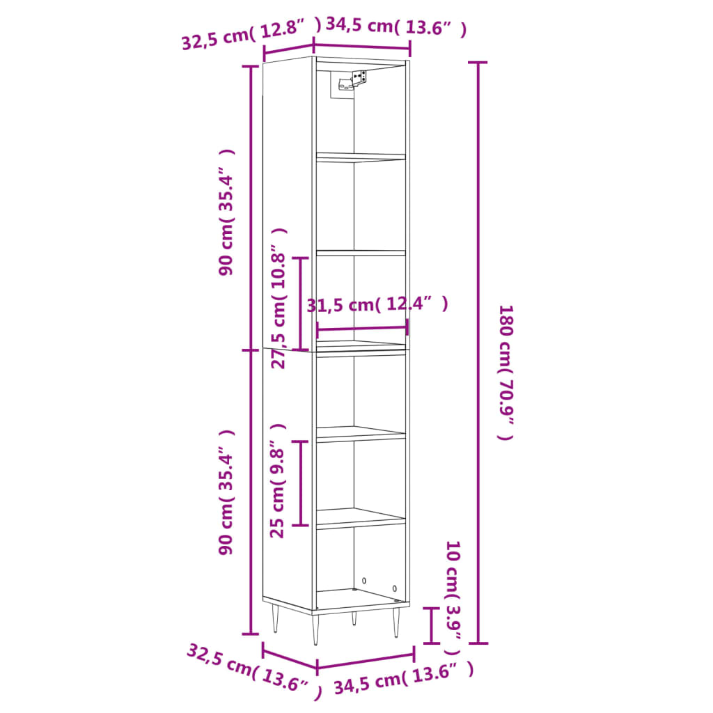 vidaXL Visoka komoda boja hrasta 34,5x32,5x180 od konstruiranog drva