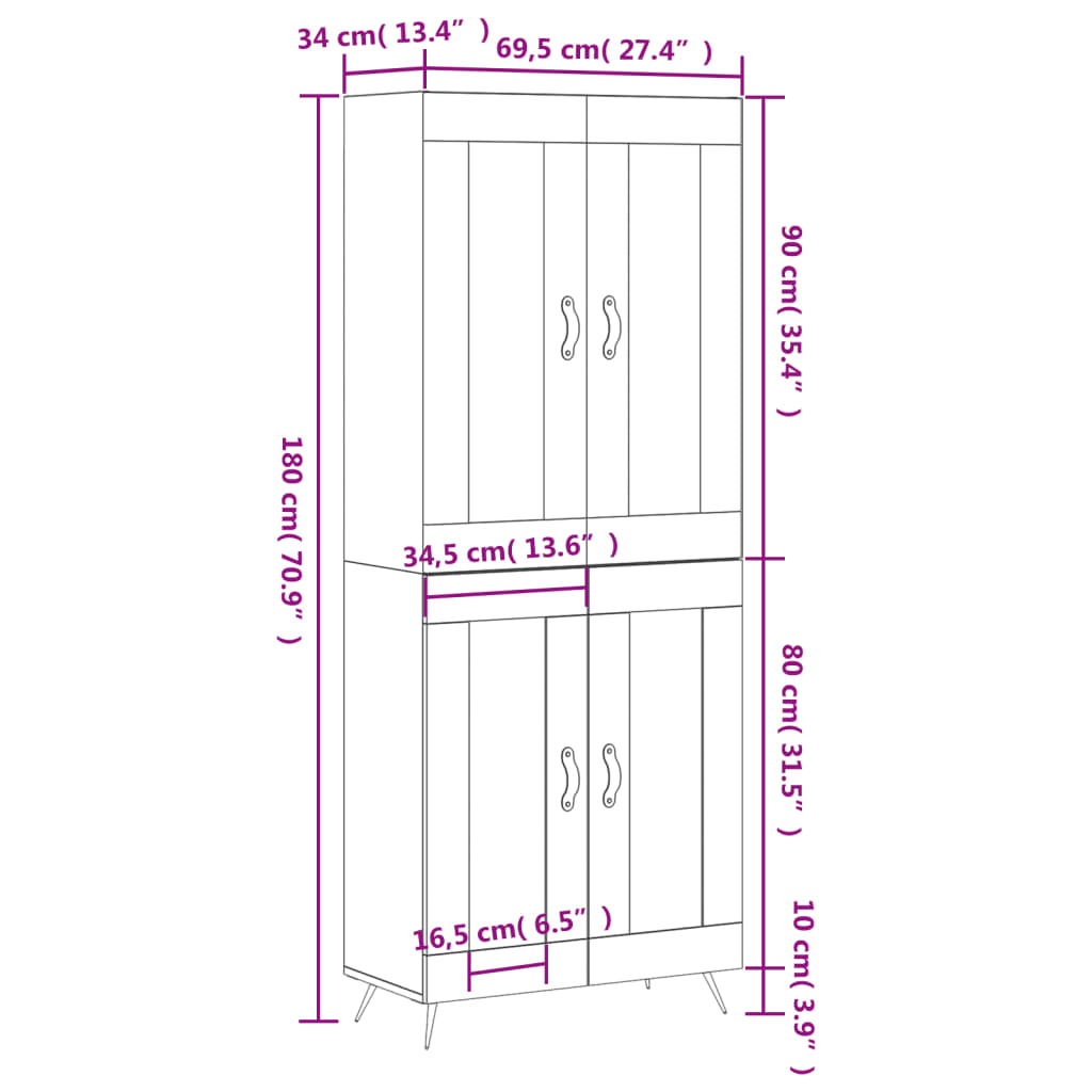 vidaXL Visoka komoda bijela 69,5x34x180 cm konstruirano drvo