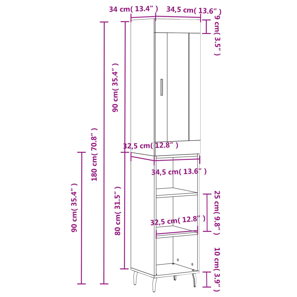 vidaXL Visoka komoda bijeli 34,5x34x180 cm od konstruiranog drva